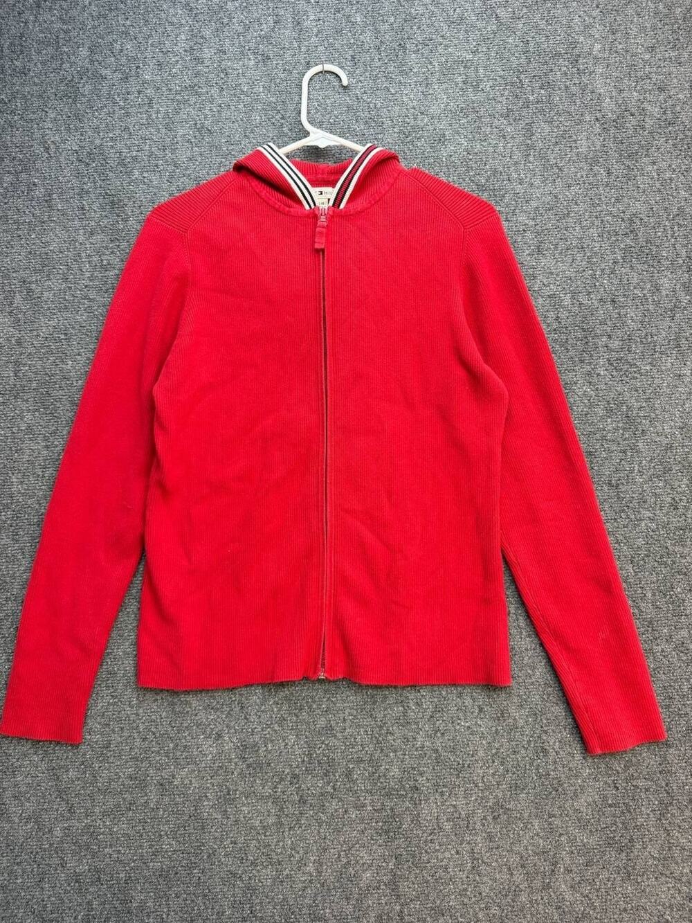 Vintage Tommy Hilfiger Women’s L Red Ribbed Full Zip Hoodie Made in Japan